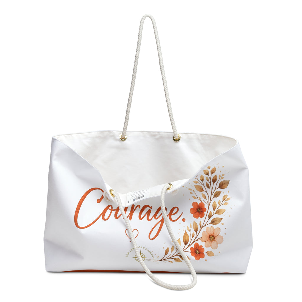 Angled view of Today, I Choose Courage oversized tote with floral artwork