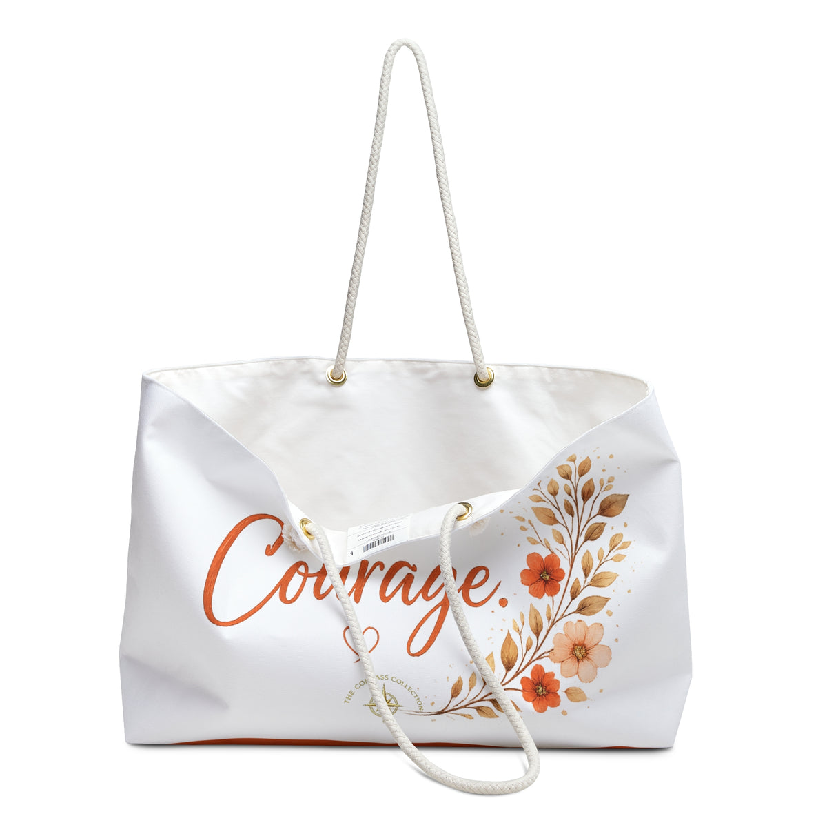 Angled view of Today, I Choose Courage oversized tote with floral artwork