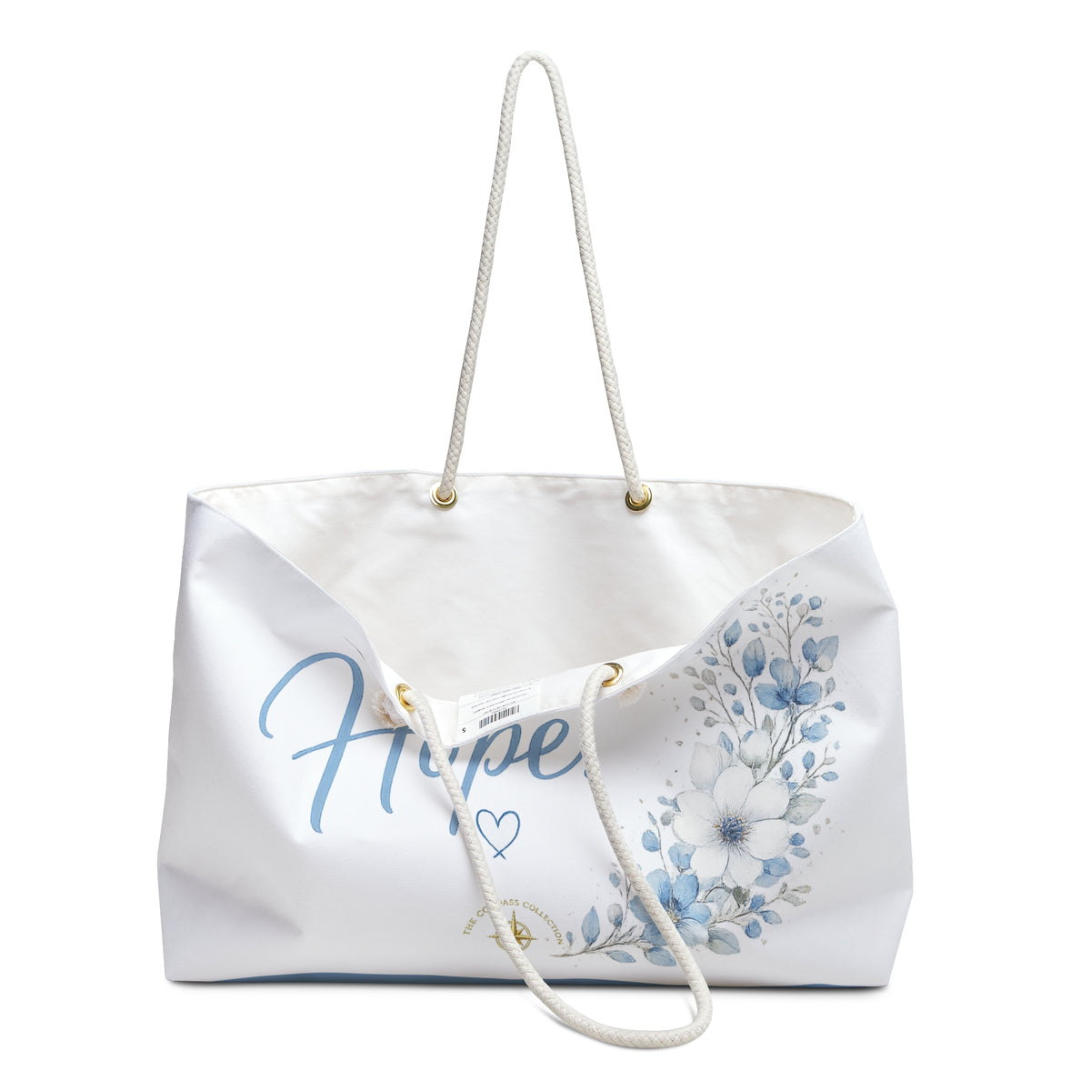 Angled view of Today, I Choose Hope oversized tote with floral artwork