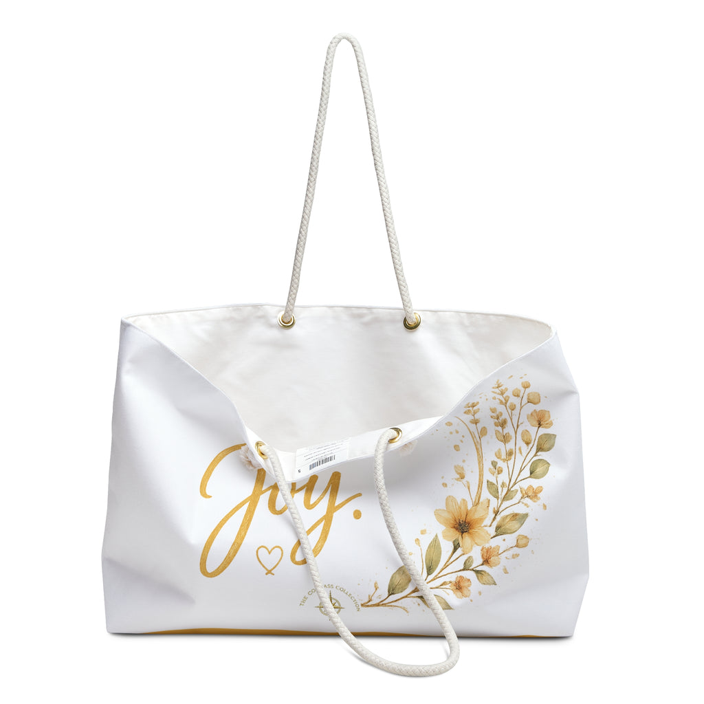 Angled view of Today, I Choose Joy oversized tote with floral artwork