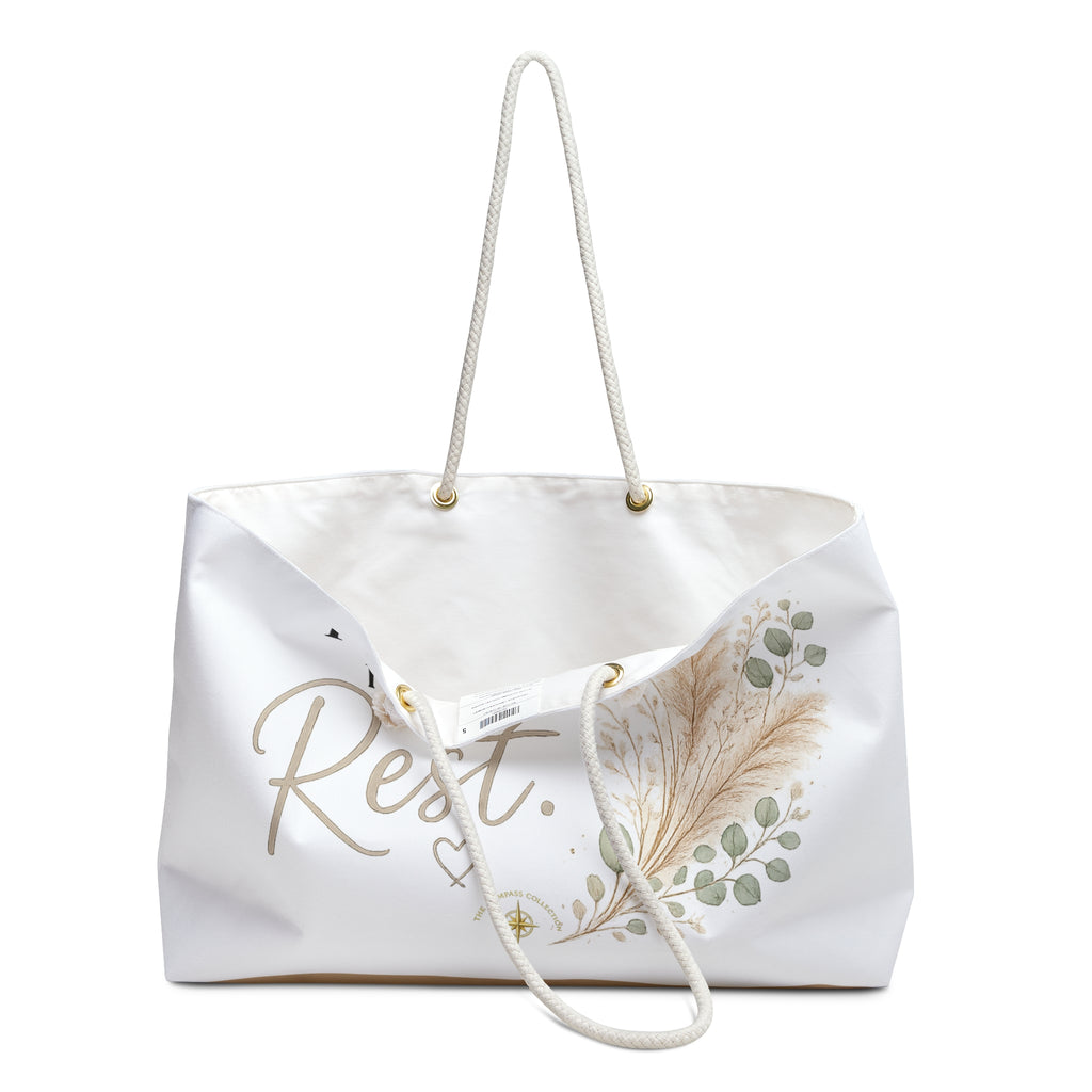 Angled view of Today, I Choose Rest oversized tote with floral artwork