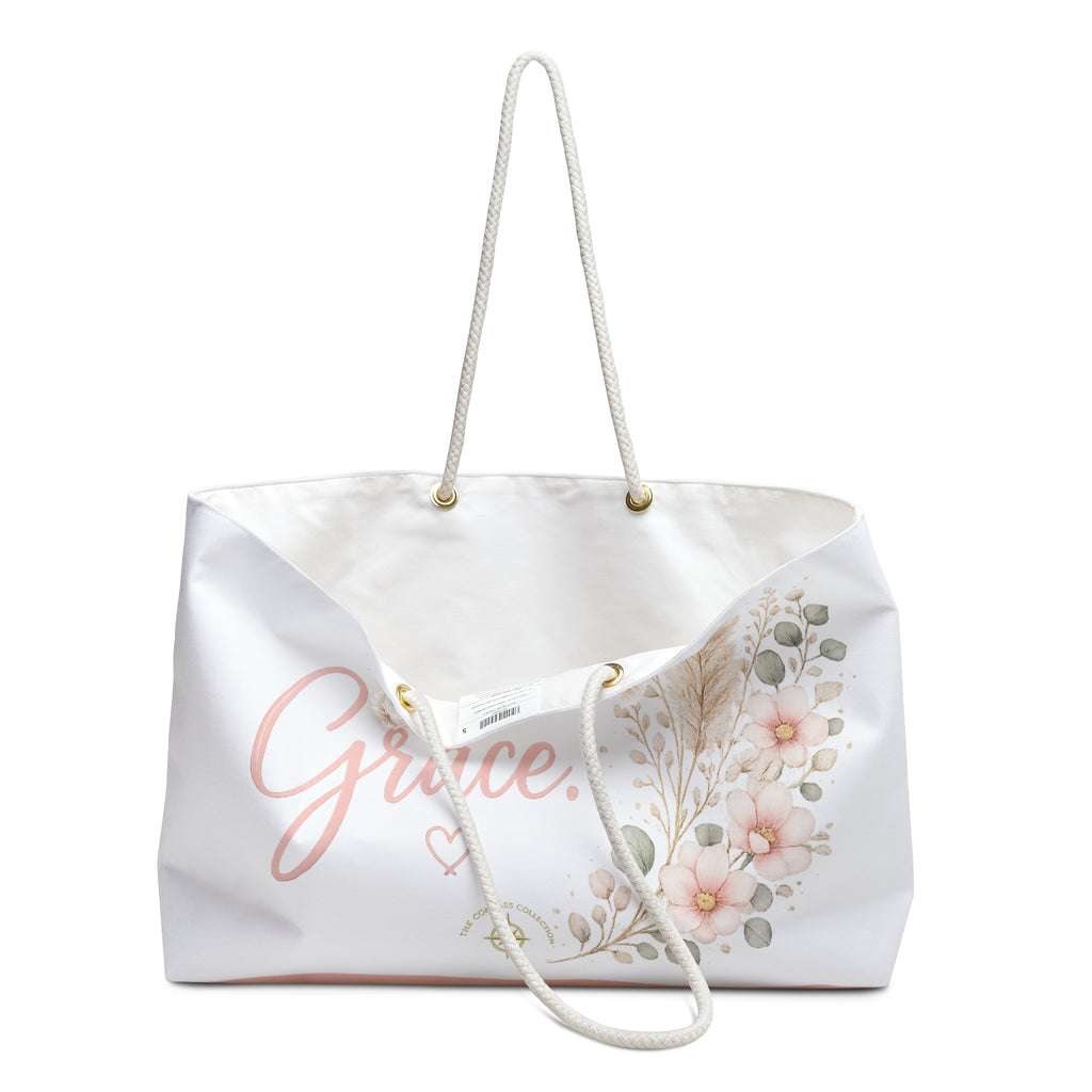 Angled view of Today, I Choose Grace oversized tote with floral artwork
