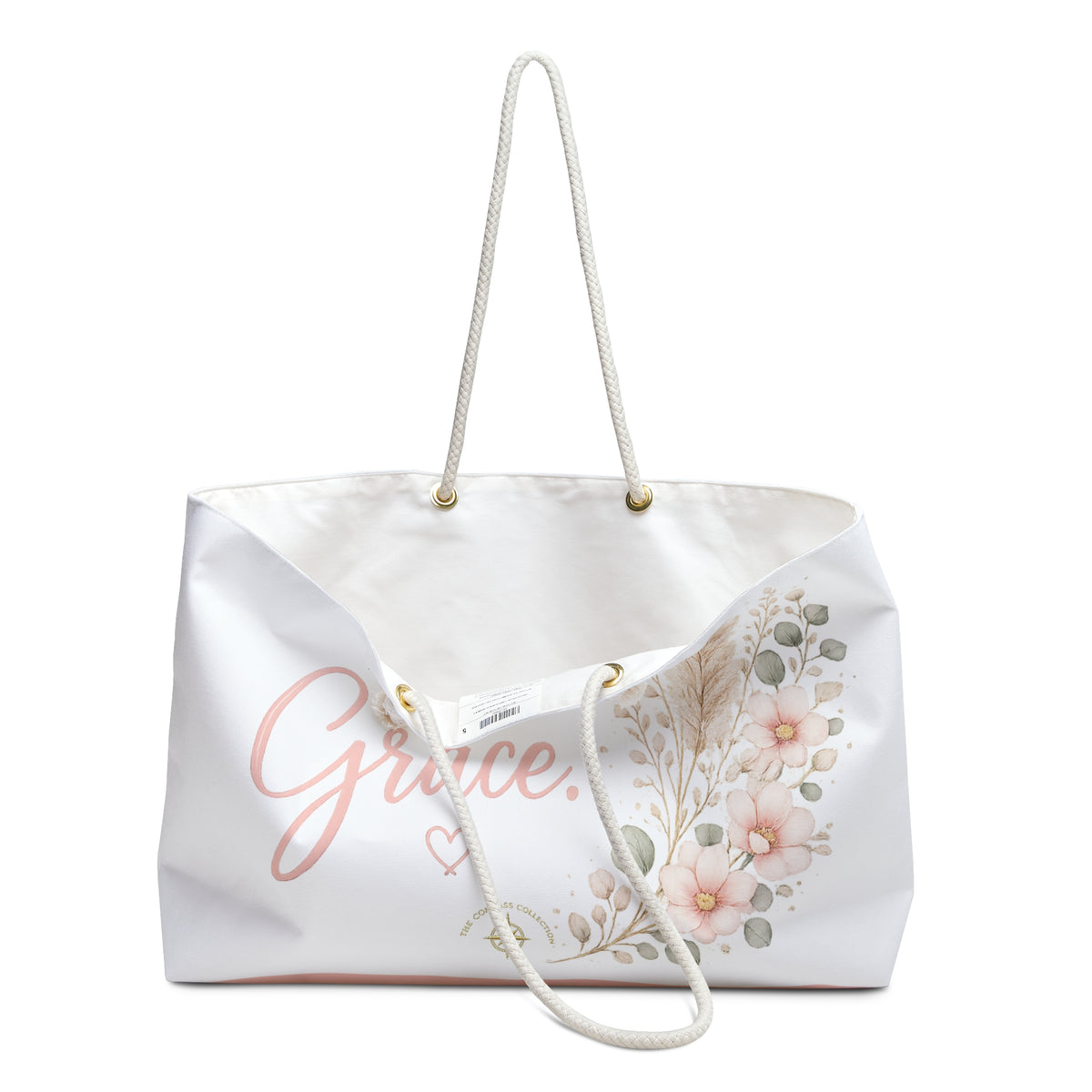 Angled view of Today, I Choose Grace oversized tote with floral artwork